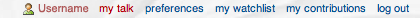 Default user links at the top right of the page